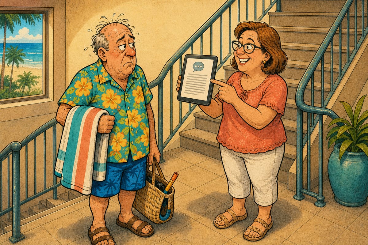 Color newspaper comic of Alice showing Larry a tablet with AI advice while blocking his path down the condominium stairs.