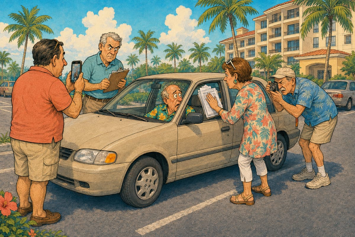 Color newspaper comic of Larry trapped in his parked car while condo owners surround it with meeting notes, a petition and cameras.