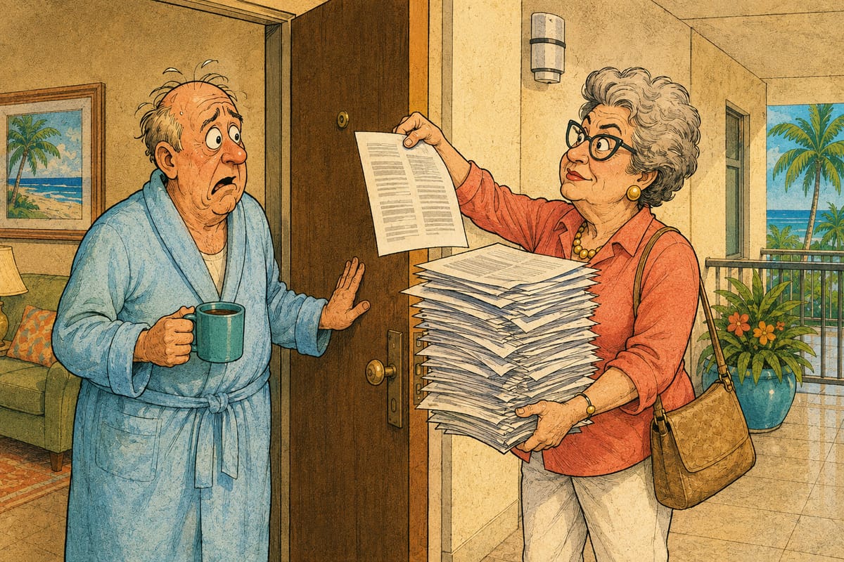 Color newspaper comic of Connie confronting Larry at his apartment door with an enormous stack of inspection printouts.