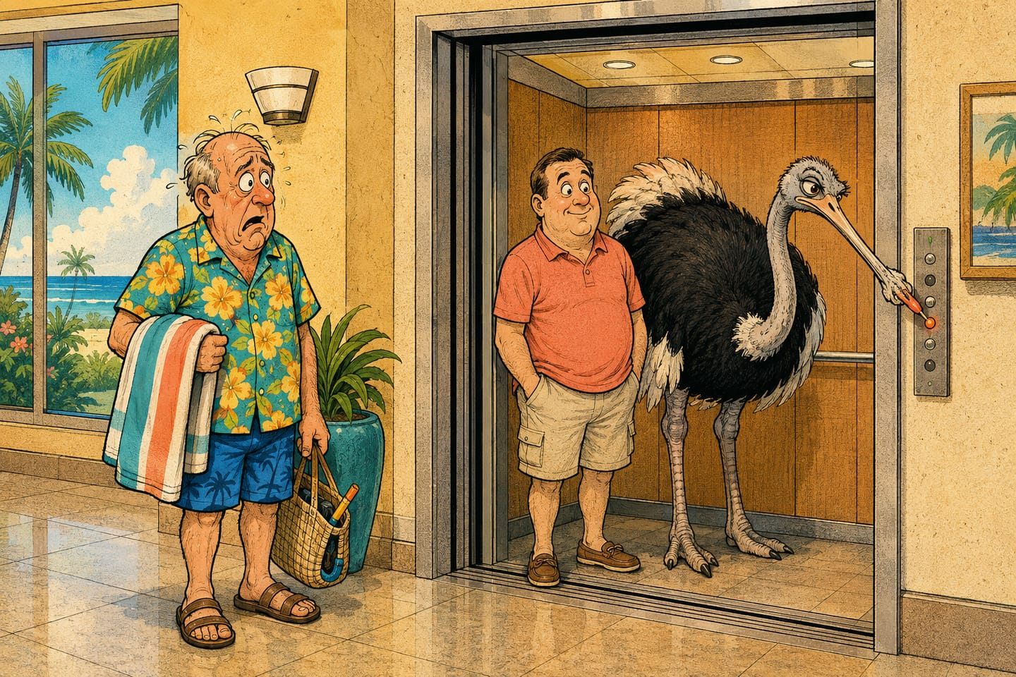 Color newspaper comic of Larry Losinit, beach towel in hand, discovering Eddie and Kevin the ostrich in the condominium elevator.