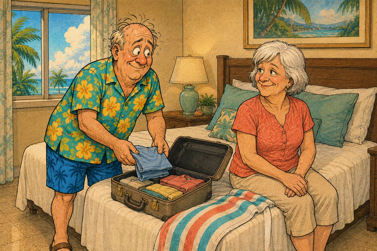 Color newspaper comic of Larry packing a suitcase beside his smiling wife as they plan a Labor Day escape from their condominium.